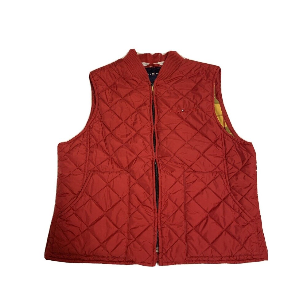 Womens VINTAGE TOMMY HILFIGER Red Puffer Vest‎ Yellow Plaid Lining Size Large